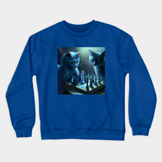 Two Blue Cats Attempt to Figure Out the Rules of Chess Crewneck Sweatshirt by Star Scrunch